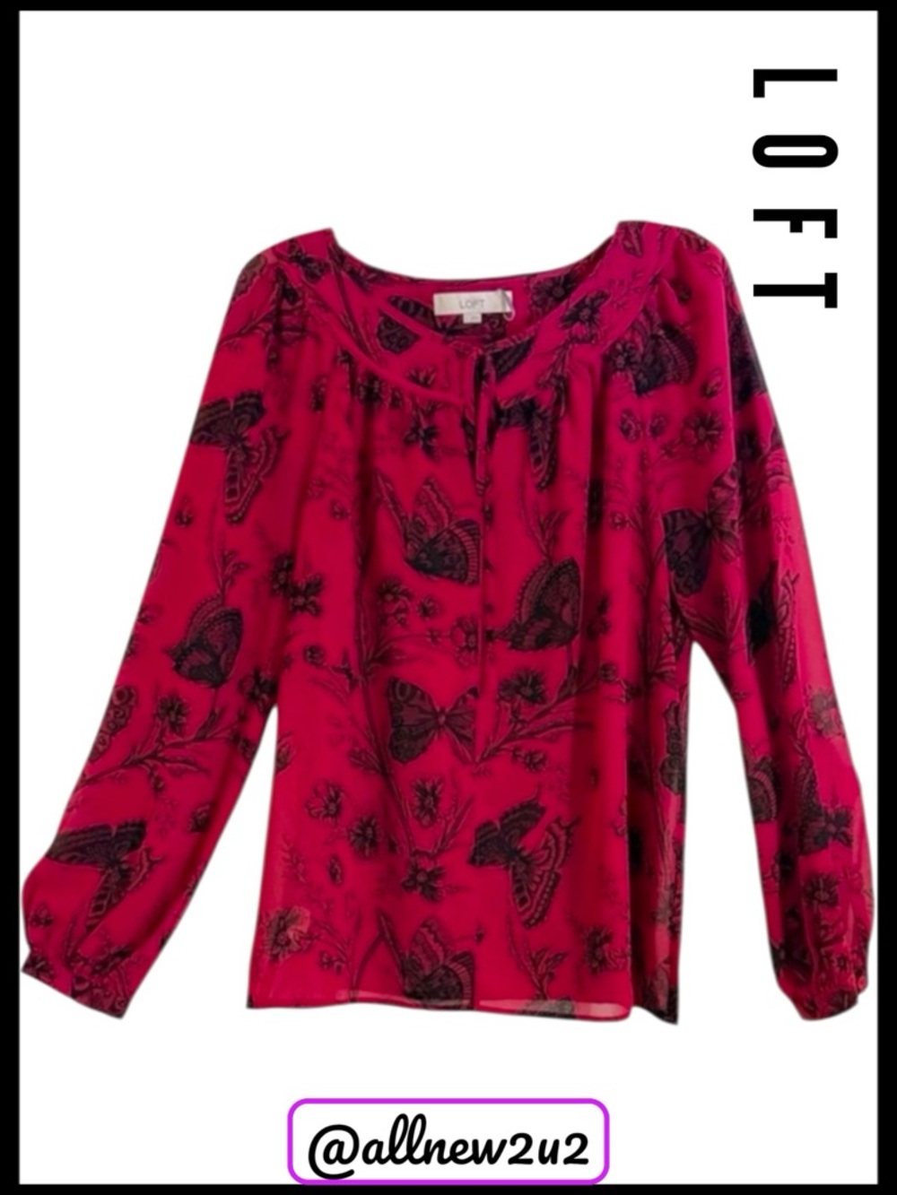 LOFT Butterfly Botanical Floral Print Blouse Long Sleeve Size L